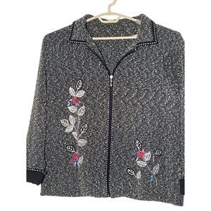 T & Company Jackets & Coats 2X Textured Zip Front Floral Embroidery Stretch